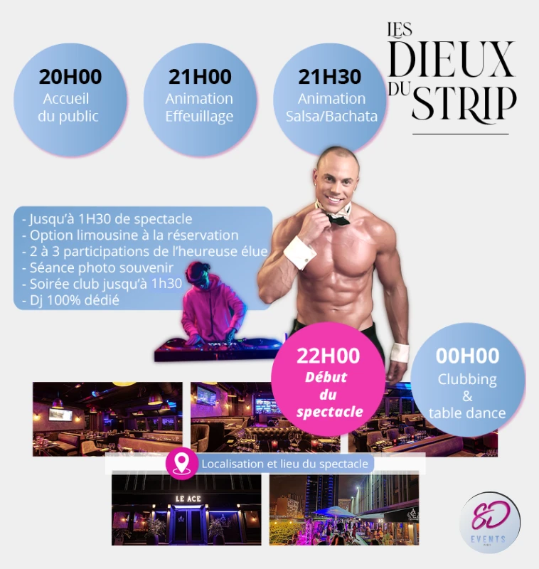 Déroulement Soirée diner apéro dinatoire spectacle chippendales Les Dieux Du Strip Paris by SD-EVENTS